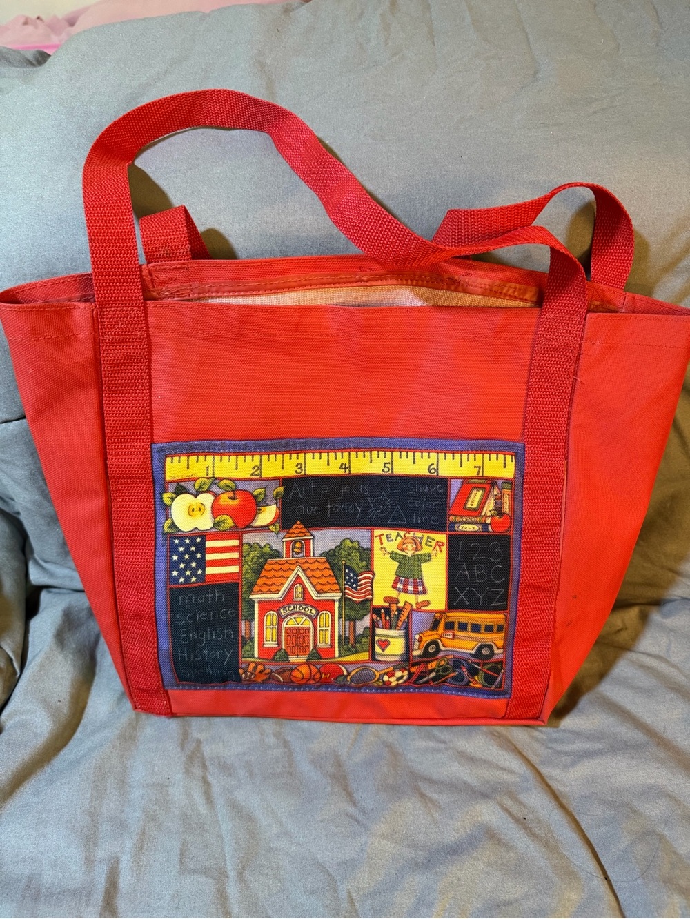 Red Canvas Tote Bag with Schoolhouse Print